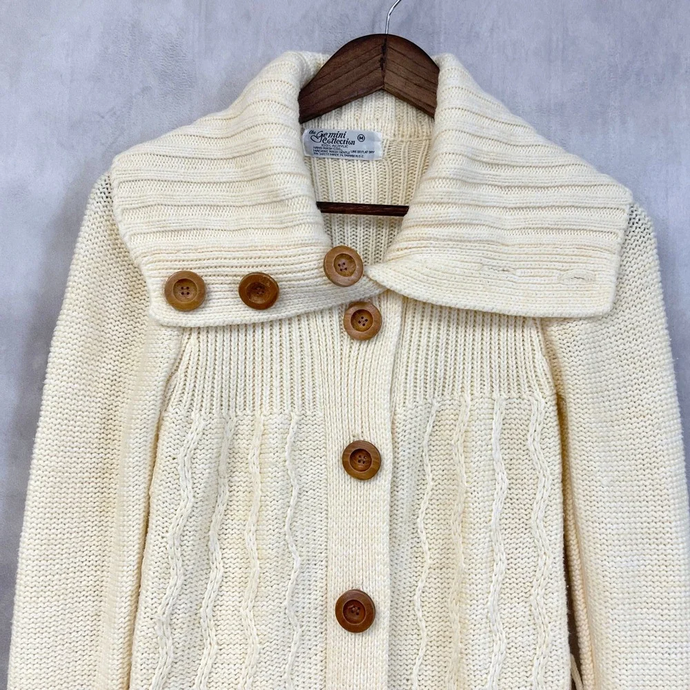 Vtg 70s Gemini Collection Long Cardigan Sweater Women Medium Cable Knit Cottage